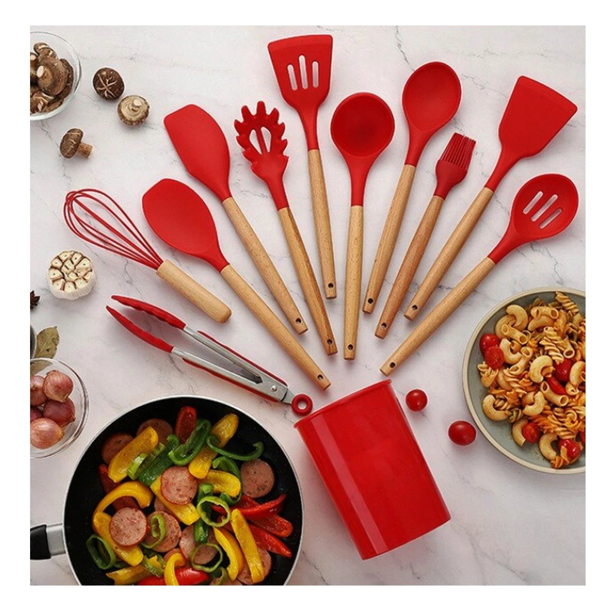 PACK2 SET DOMESTICO DE 12 PIEZAS COLOR ROJO FABRICADO EN SILICONA PARA USO Y+REGALO STICKER - 3