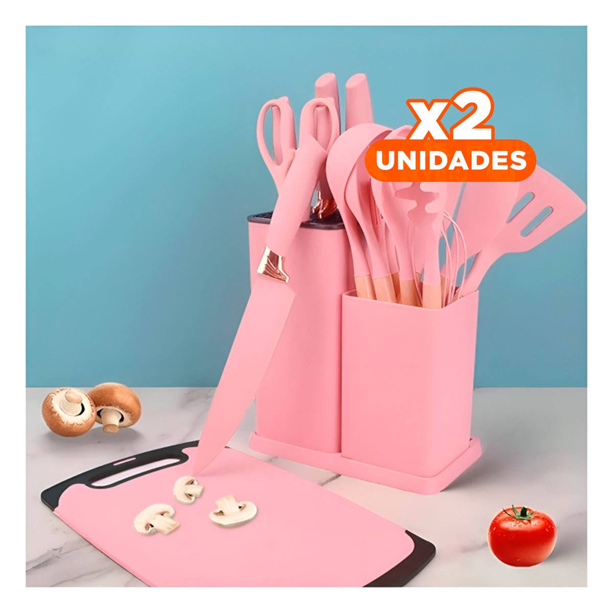PACK2 SET ENFOQUE COCINA PROFESIONAL 18 PZ ACERO INOXIDABLE CON TABLA ROSADO Y+REGALO STICKER - 1