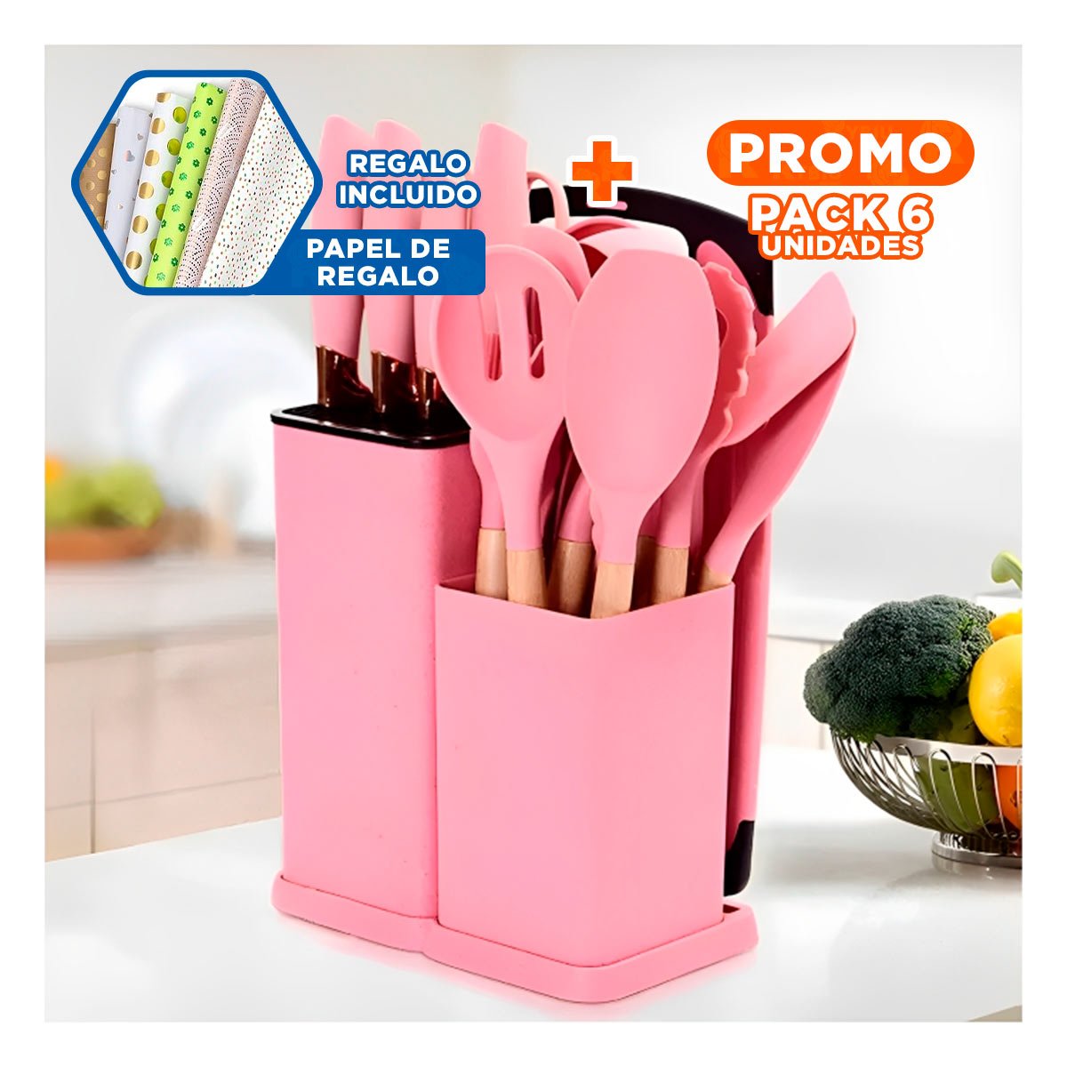 PACK6 EQUIPO COCINA PROFESIONAL EN ROSADO CON CUERPO ACERO INOXIDABLE Y+PAPEL REGALO - 1