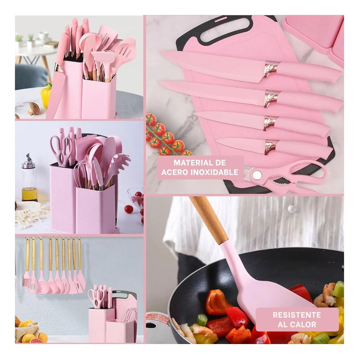 PACK6 EQUIPO COCINA PROFESIONAL EN ROSADO CON CUERPO ACERO INOXIDABLE Y+PAPEL REGALO - 3