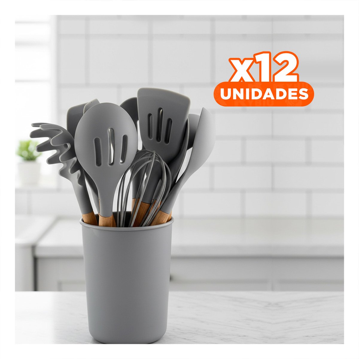 PACK12 CONJUNTO FUNCIONAL PARA COCINA COLOR GRIS CON 12 PIEZAS EN SILICONA - 1