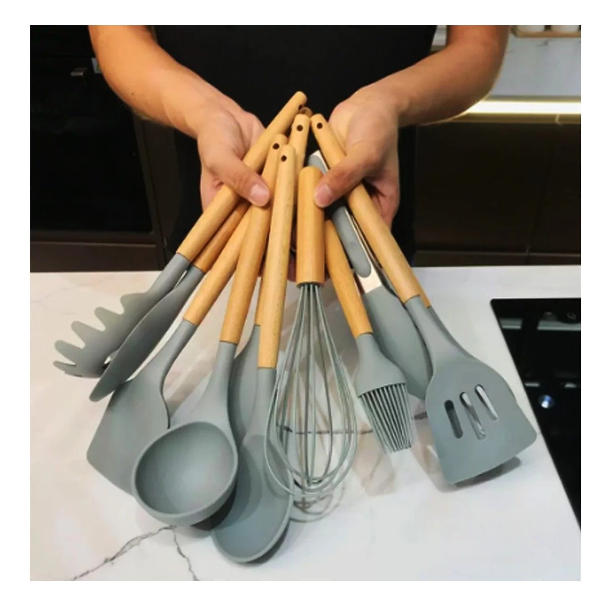PACK12 CONJUNTO FUNCIONAL PARA COCINA COLOR GRIS CON 12 PIEZAS EN SILICONA - 3