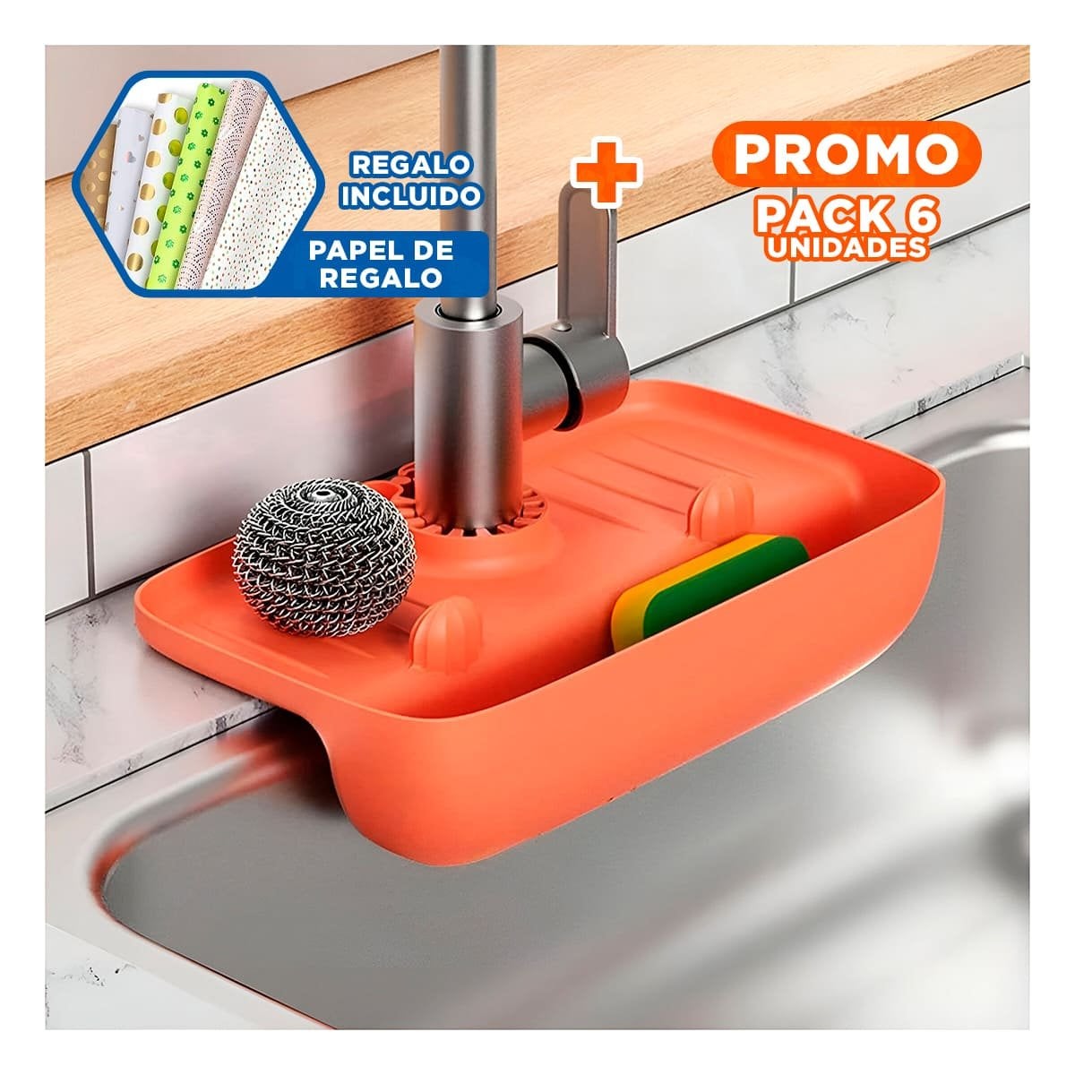 PACK6 ESCURRIDOR DE SILICONA ANARANJADO PARA LAVADERO CON ESTILO FUNCIONAL Y+PAPEL REGALO - 1