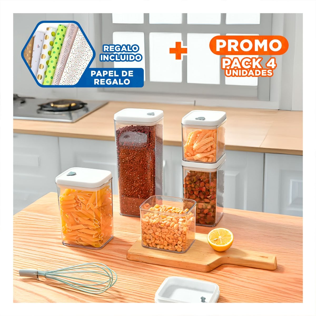 PACK4 BOTE ACRILICO COCINA ORGANIZADA TAPA BLANCA PUNTO PLOMO 1100ML Y+PAPEL REGALO - 1