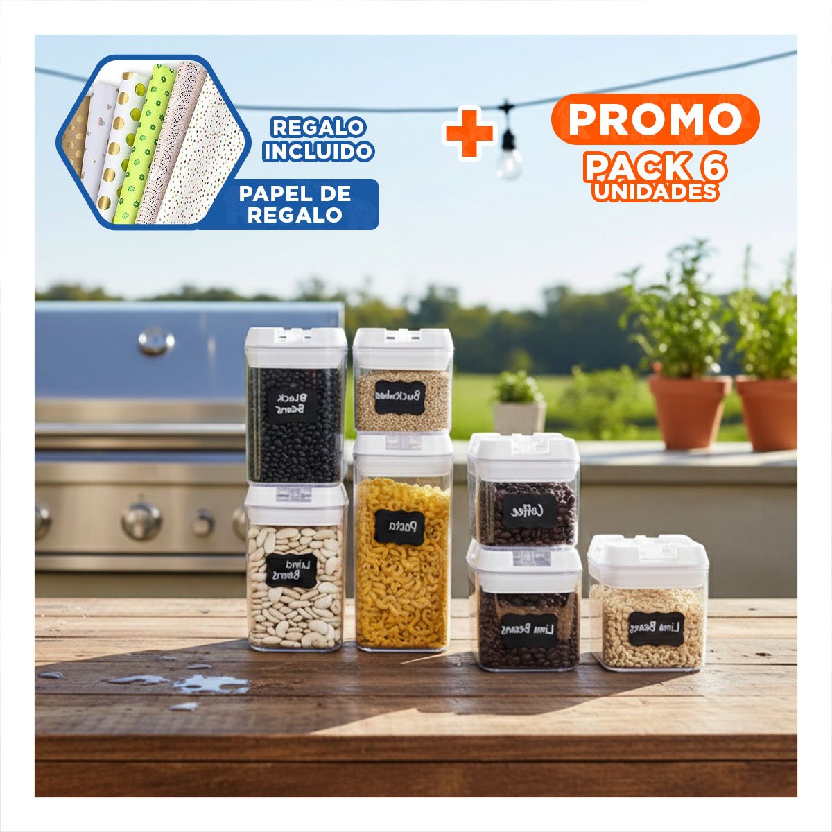 PACK6 ENVASE HERMÉTICO ACRÍLICO 7 PIEZAS TRANSPARENTE PERFECTO PARA ALMACENAJE Y+PAPEL REGALO - 1
