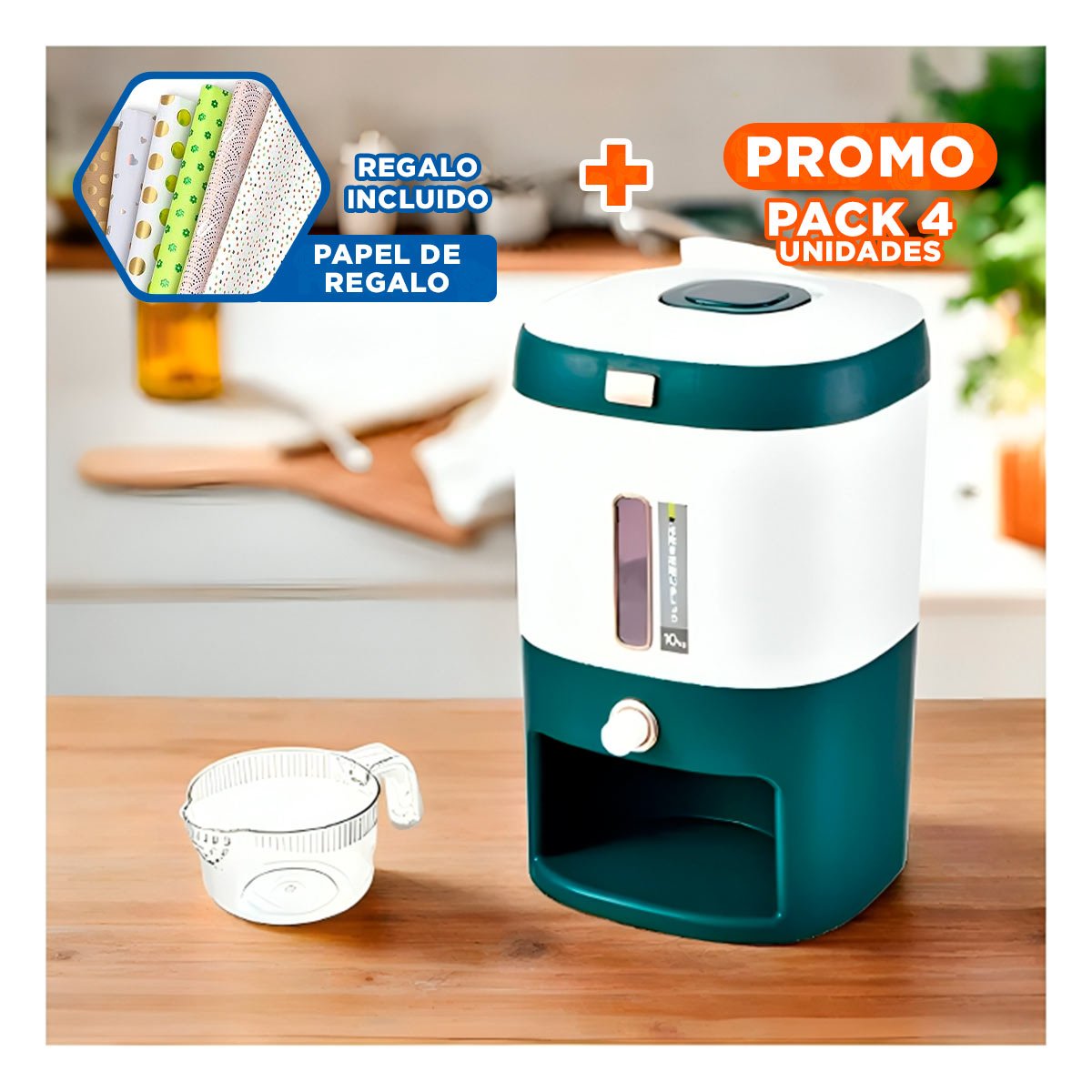 PACK4 DEPOSITO VERTICAL DE ARROZ Y CEREALES CON ACABADO VERDE Y+PAPEL REGALO - 1