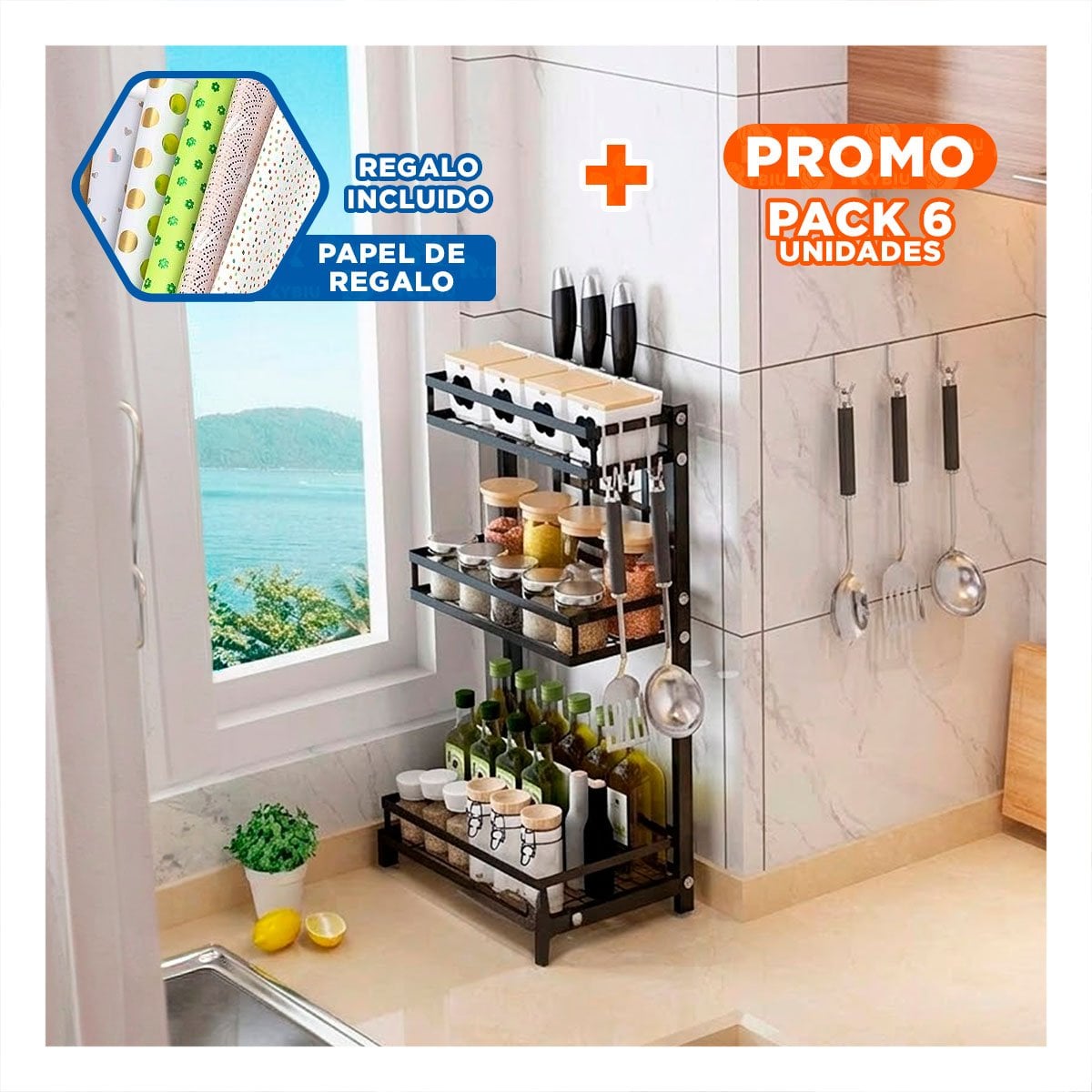 PACK6 ORGANIZADOR METALICO NEGRO EN ACERO INOXIDABLE CON 3 NIVELES Y+PAPEL REGALO - 1
