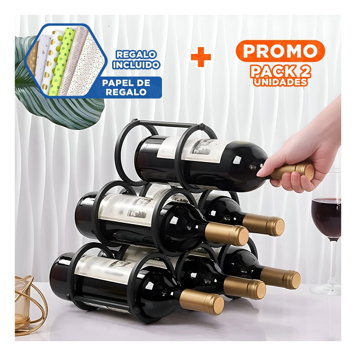 PACK2 MUEBLE PARA COCINA Y HOGAR 3 NIVELES PARA 6 BOTELLAS NEGRO Y+PAPEL REGALO - 1