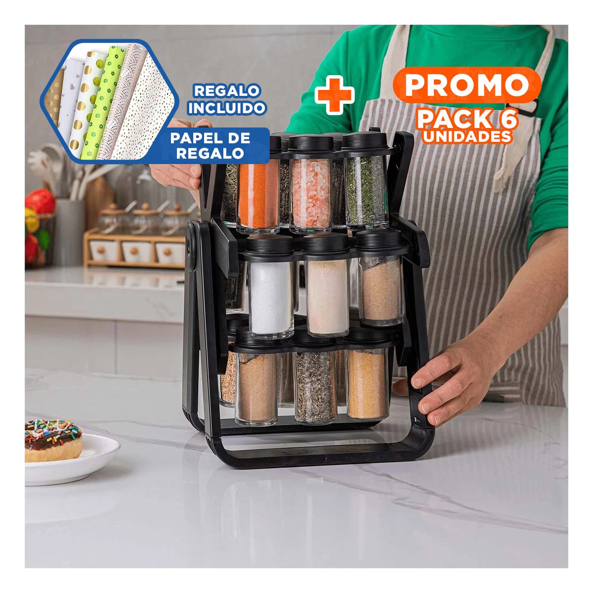 PACK6 SOPORTE DE CONDIMENTOS NEGRO CON ESTILO GIRATORIO 360 PARA COCINA Y+PAPEL REGALO - 1