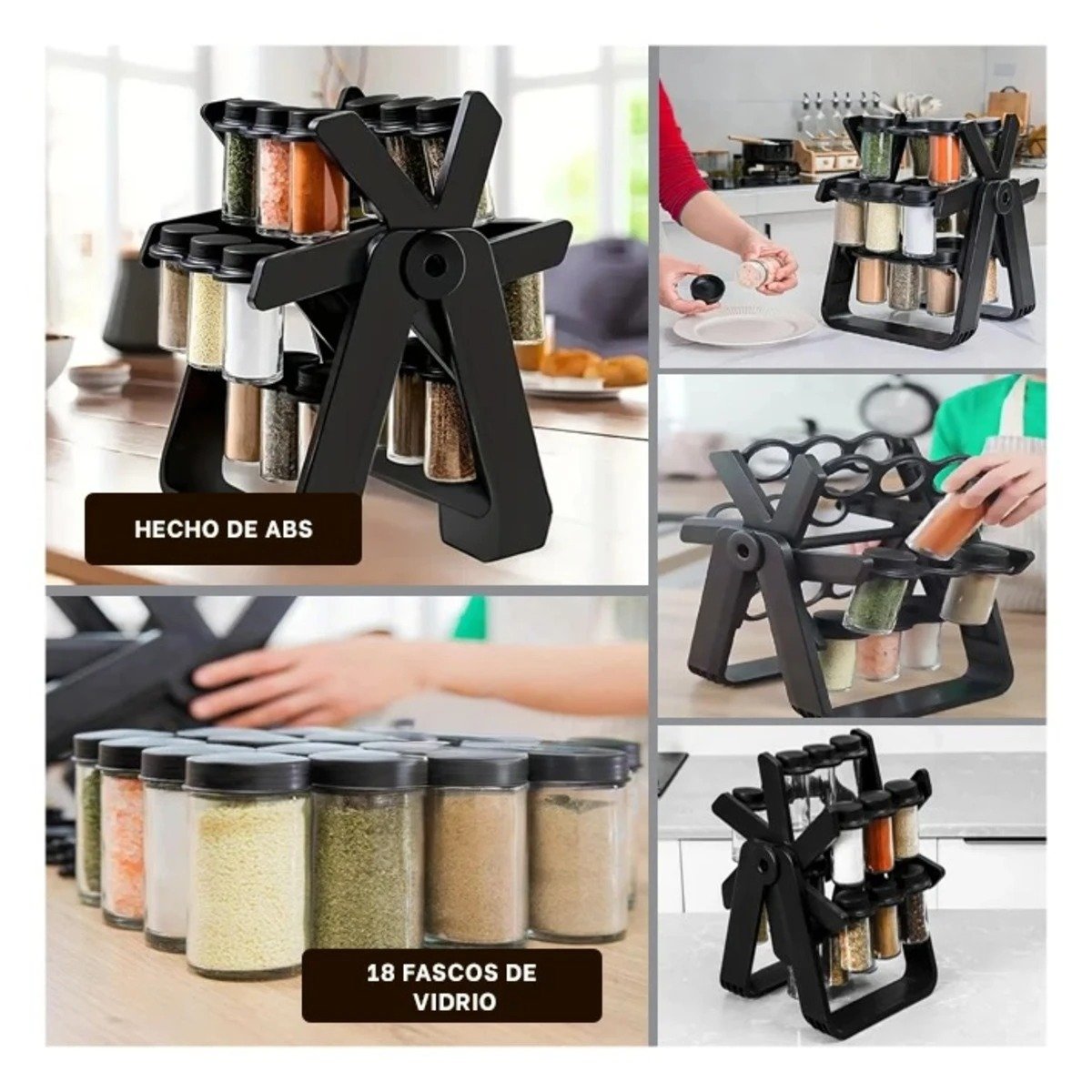 PACK6 SOPORTE DE CONDIMENTOS NEGRO CON ESTILO GIRATORIO 360 PARA COCINA Y+PAPEL REGALO - 3