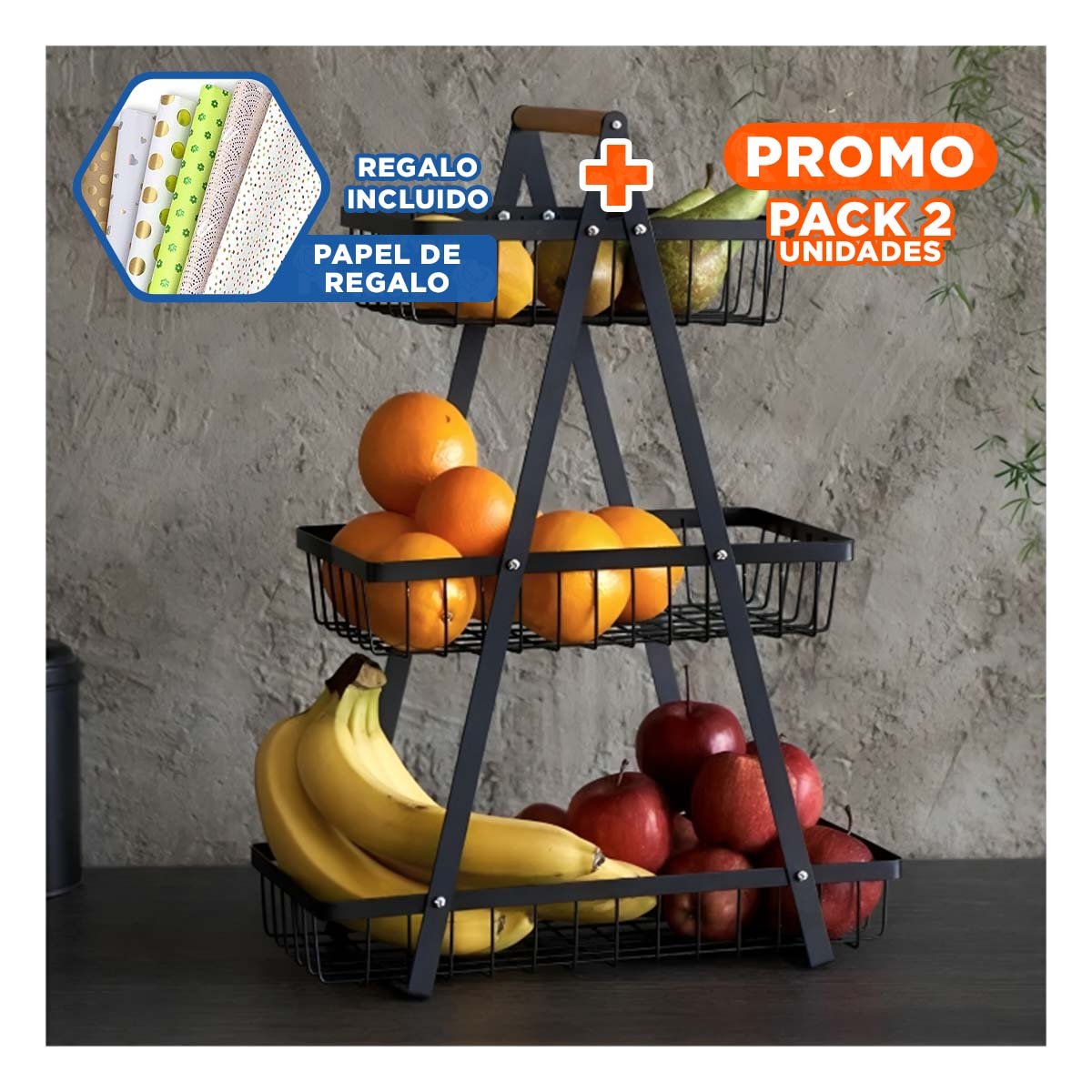 PACK2 FRUTERO ACERO INOXIDABLE EN NEGRO CON FORMATO TRIANGULAR Y 3 NIVELES Y+PAPEL REGALO - 1