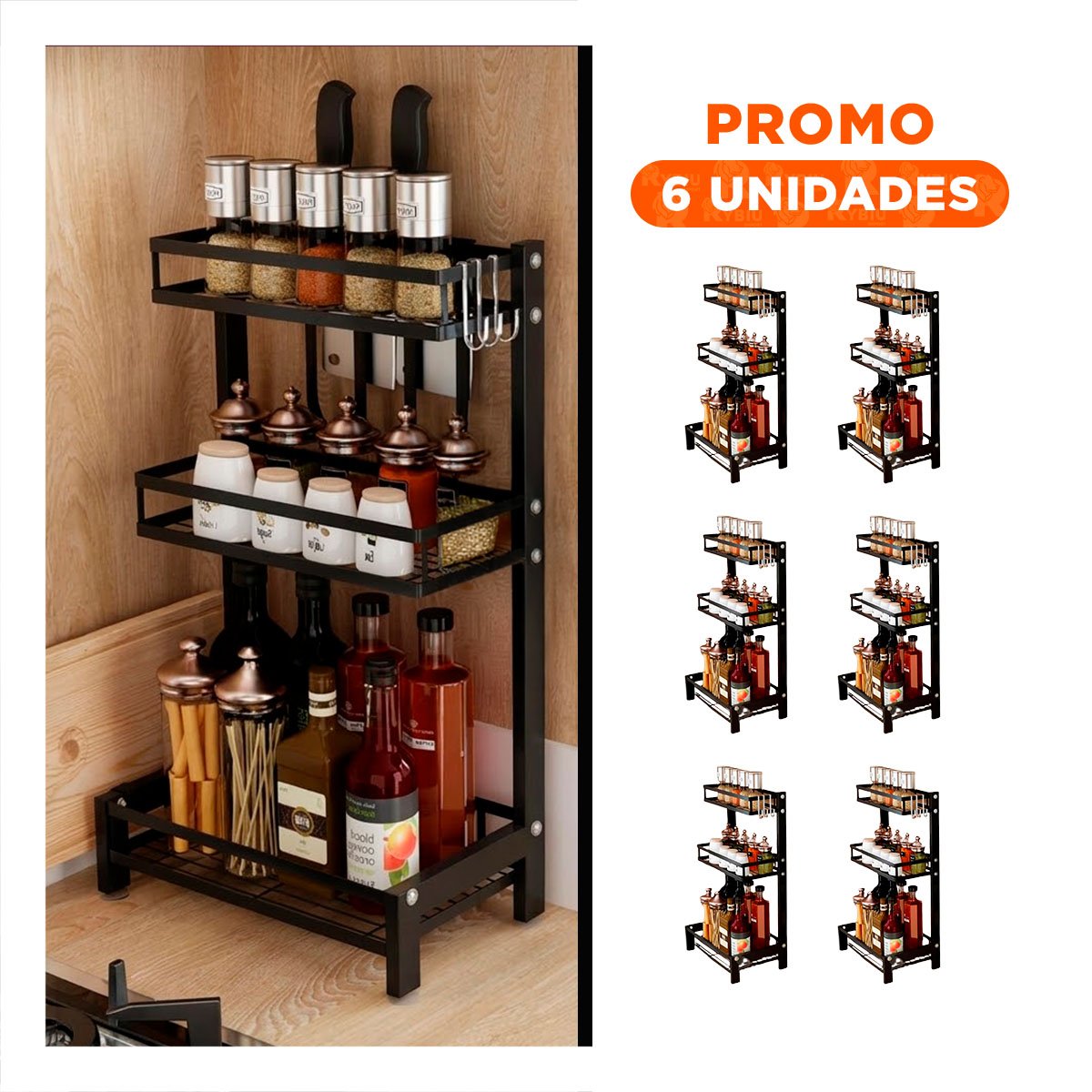 PACK6 ORGANIZADOR DE ESPACIOS EN COCINA DE COLOR NEGRO CON 3 NIVELES DE ACERO INOXIDABLE - 1