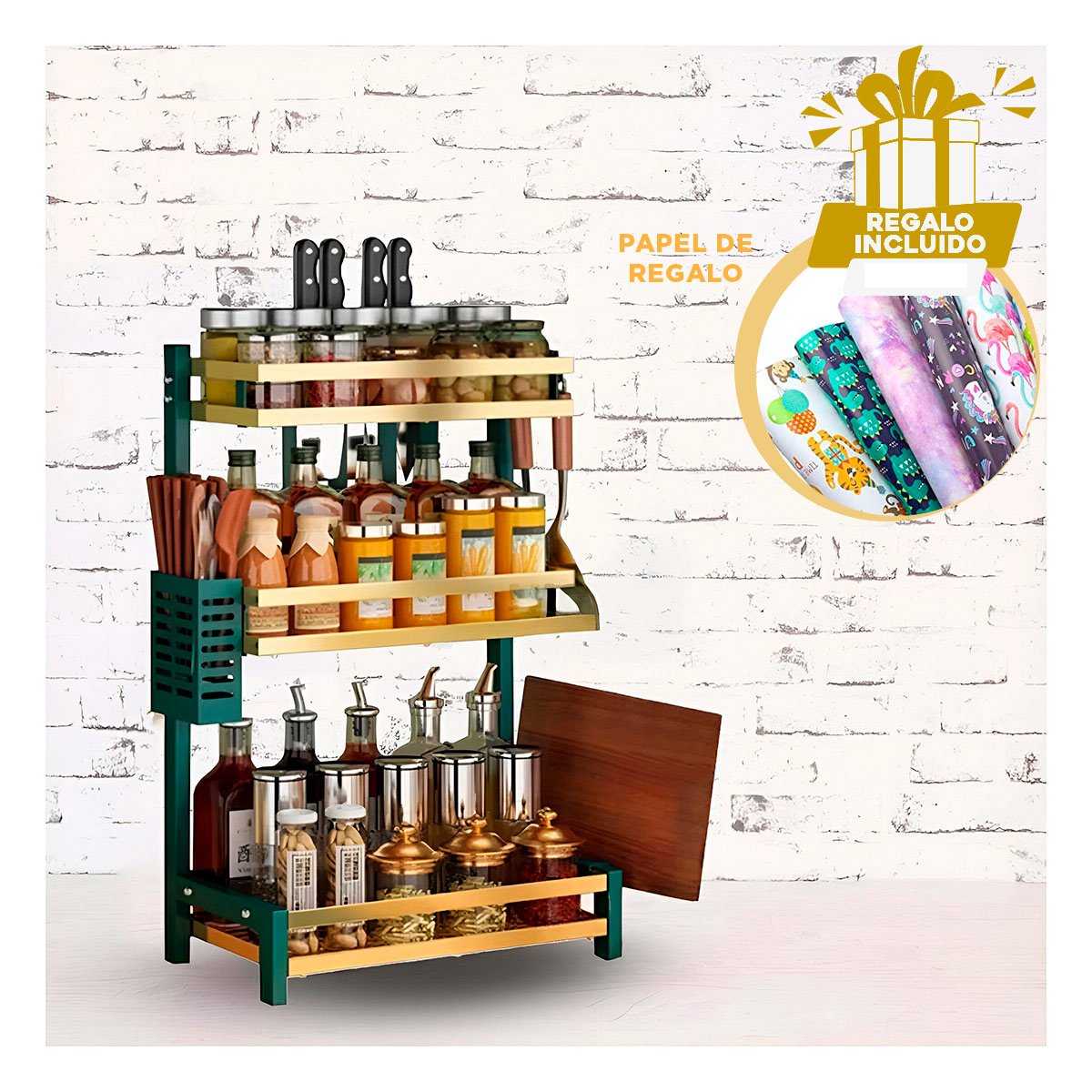 PACK6 ORGANIZADOR PRACTICO EN VERDE DORADO DE 3 NIVELES PARA USO CON CONDIMENTOS Y+PAPEL REGALO - 1