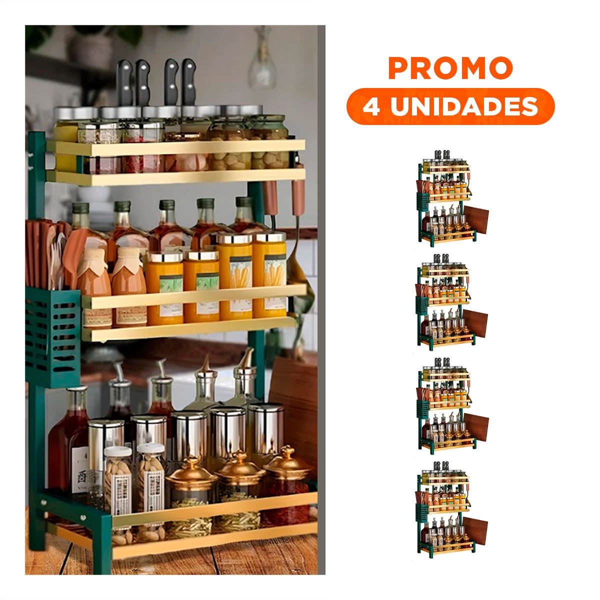 PACK4 SOPORTE PRACTICO VERDE DORADO CON 3 NIVELES PARA FRASCOS DE CONDIMENTOS Y+REGALO STICKER - 1