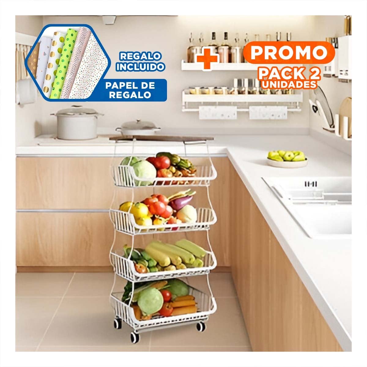PACK2 VERDULERO 4 PISOS EN ACERO CARBONADO COLOR BLANCO PARA USO CONSTANTE Y+PAPEL REGALO - 1