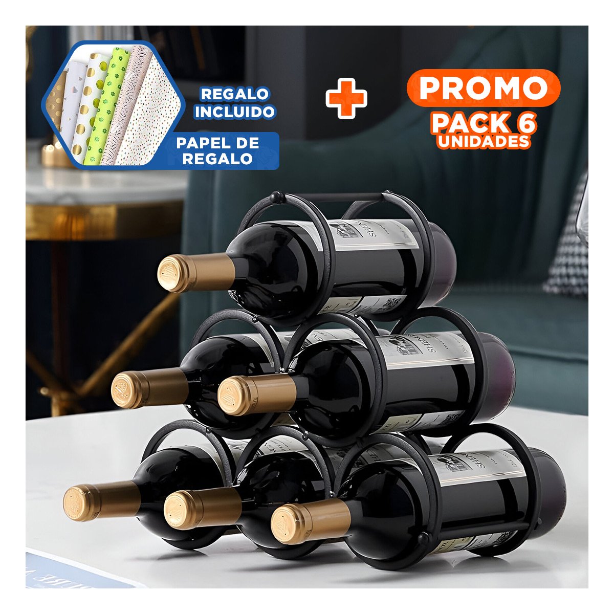 PACK6 BANQUETA MODERNO PARA BOTELLAS Y VINOS NEGRO Y+PAPEL REGALO - 1