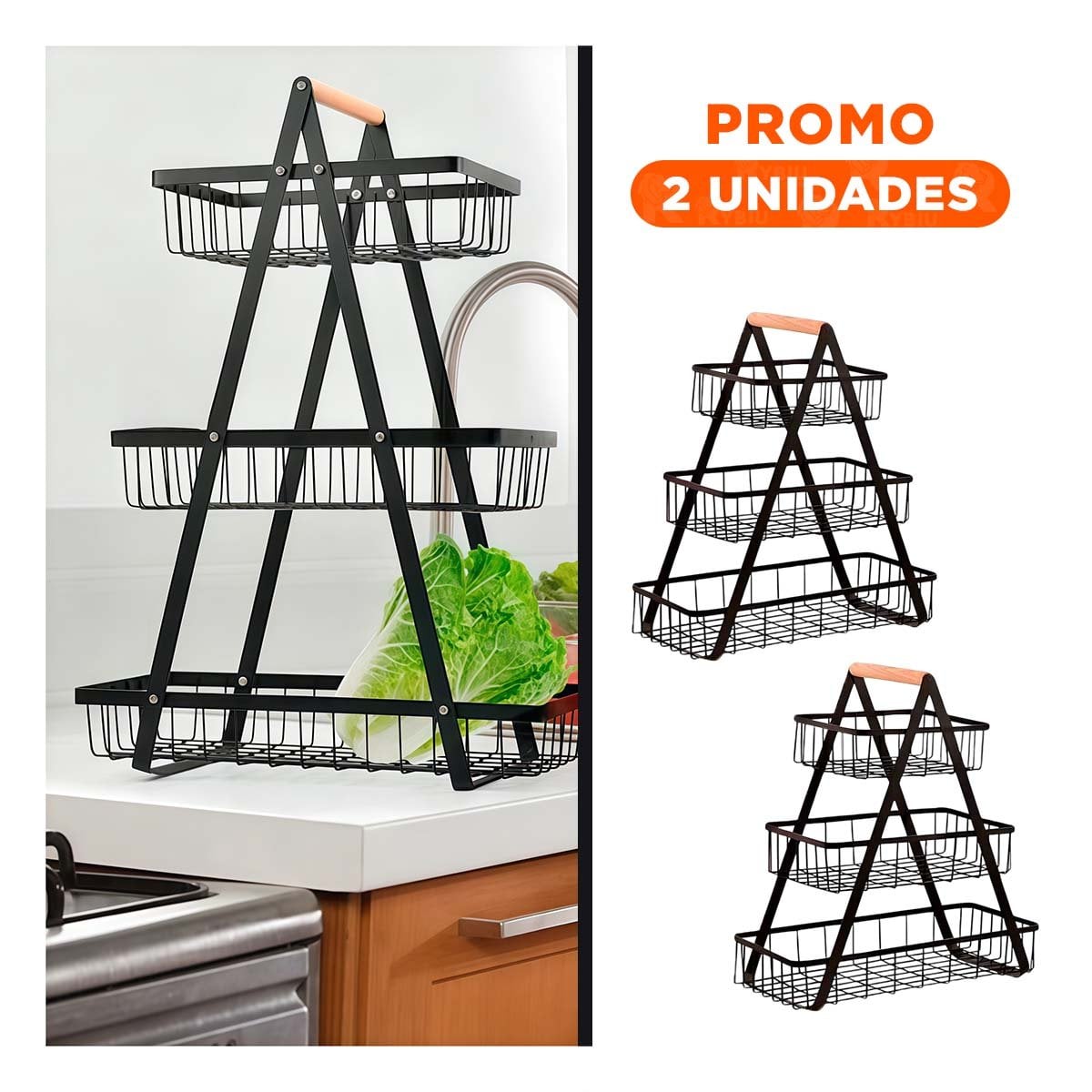 PACK2 FRUTERO CON BASE TRIANGULAR EN COLOR NEGRO DE ACERO INOXIDABLE 3 NIVELES - 1