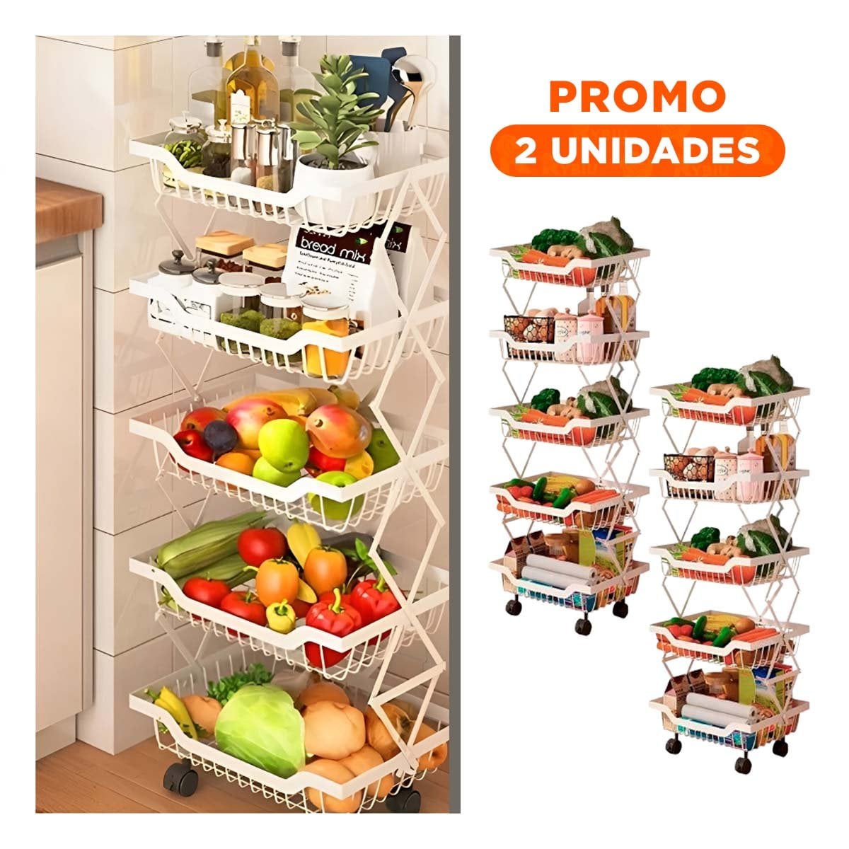 PACK2 VERDULERO BLANCO CON 5 PISOS Y SOPORTE EN ACERO INOXIDABLE PARA ESPACIOS ORDENADOS - 1