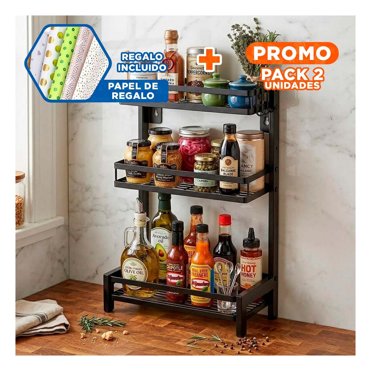 PACK2 ESTANTERIA DE MESA NEGRO CON 3 NIVELES EN ACERO INOXIDABLE Y+PAPEL REGALO - 1