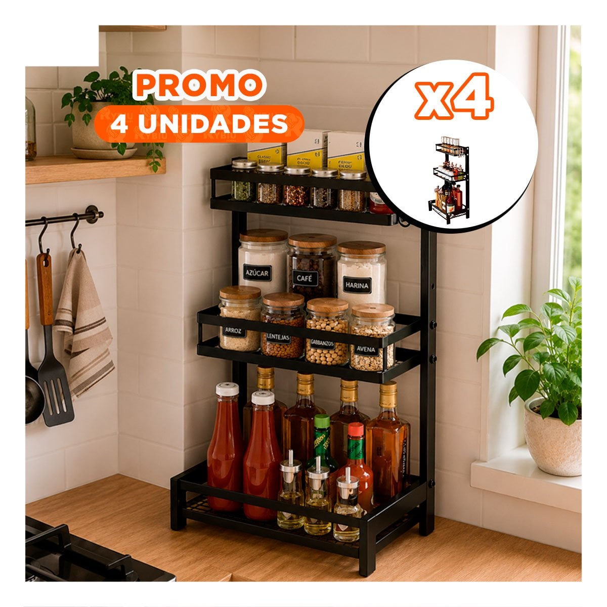 PACK4 ESTANTERIA MULTIUSO DE COLOR NEGRO CON 3 NIVELES DE ACERO INOXIDABLE - 1