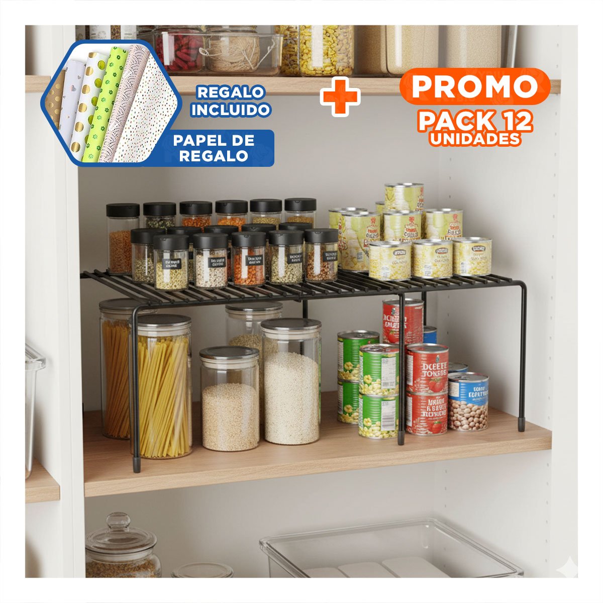 PACK12 ESTANTE PARA ORGANIZACION INTERNA NEGRO FABRICADO EN METAL CON 6 PATAS Y+PAPEL REGALO - 1
