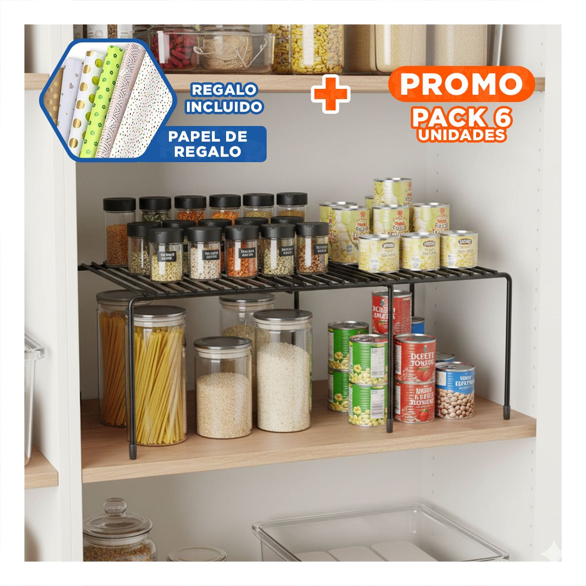 PACK6 ORGANIZADOR DOMESTICO NEGRO CON 6 PATAS Y CUERPO EN METAL Y+PAPEL REGALO - 1
