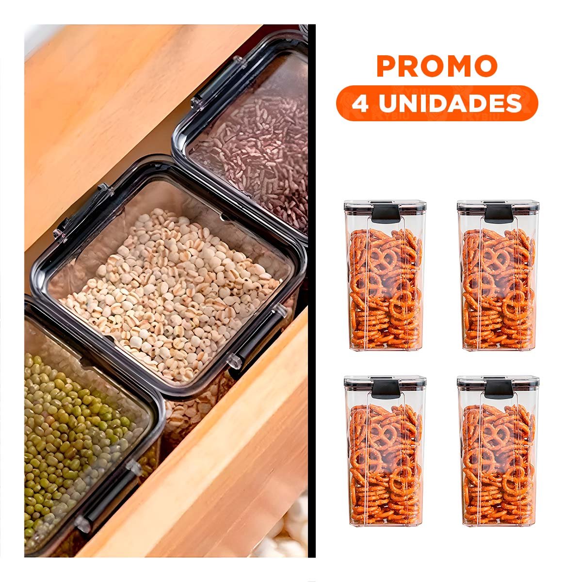 PACK4 RECIPIENTE DE ACRILICO 1800 ML CON TAPA BORDE NEGRO 24CM X 9CM X 9CM Y+REGALO STICKER - 1