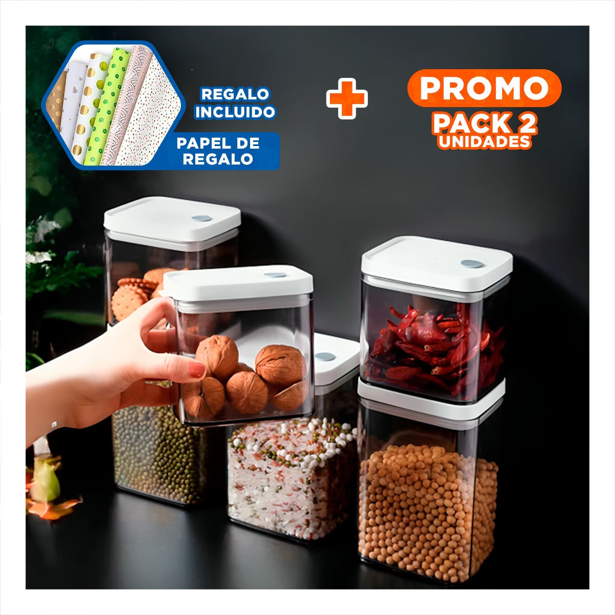 PACK2 BOTE ACRILICO MANTENER HARINAS Y CEREALES TAPA BLANCA PUNTO PLOMO 1100ML Y+PAPEL REGALO - 1