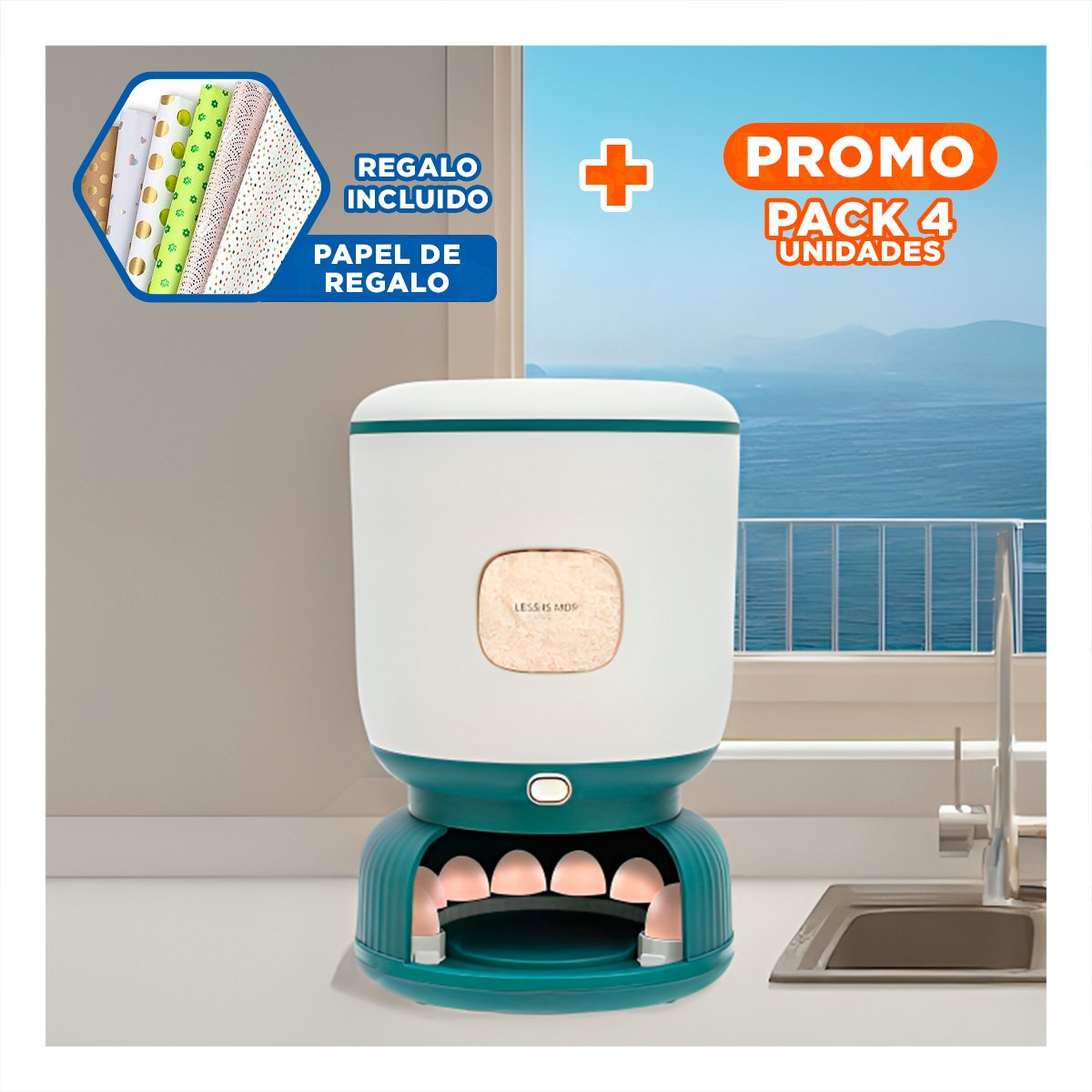 PACK4 DOSIFICADOR DE CEREALES Y MENESTRAS 10KG CON HUEVERA VERDE CON BLANCO Y+PAPEL REGALO - 1
