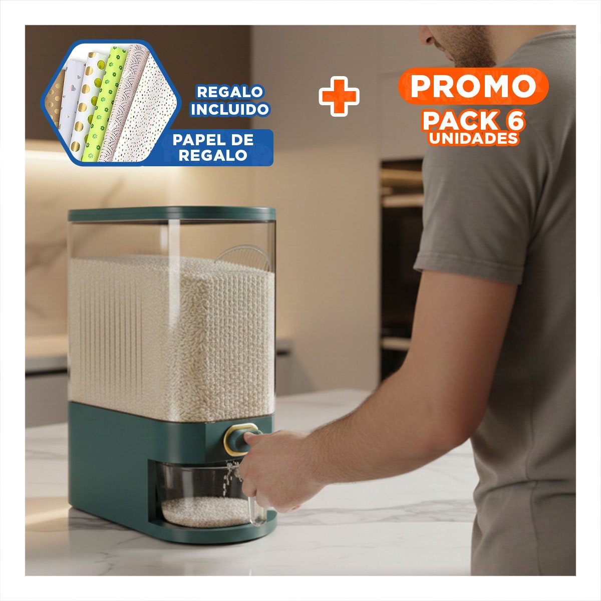 PACK6 CONTENEDOR 39X16,5X33CM VERDE PARA ORGANIZAR CEREAL SECO Y+PAPEL REGALO - 1