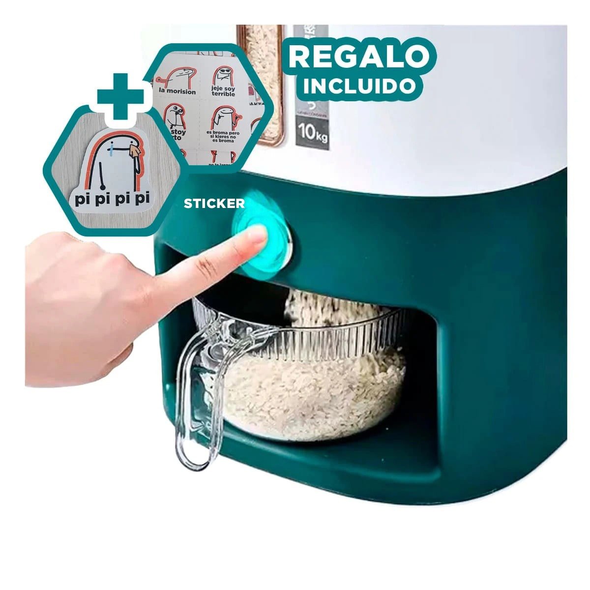 SERVIDOR RECTANGULAR 10KG DE ARROZ Y MENESTRAS VERDE CON BLANCO Y+REGALO STICKER - 1