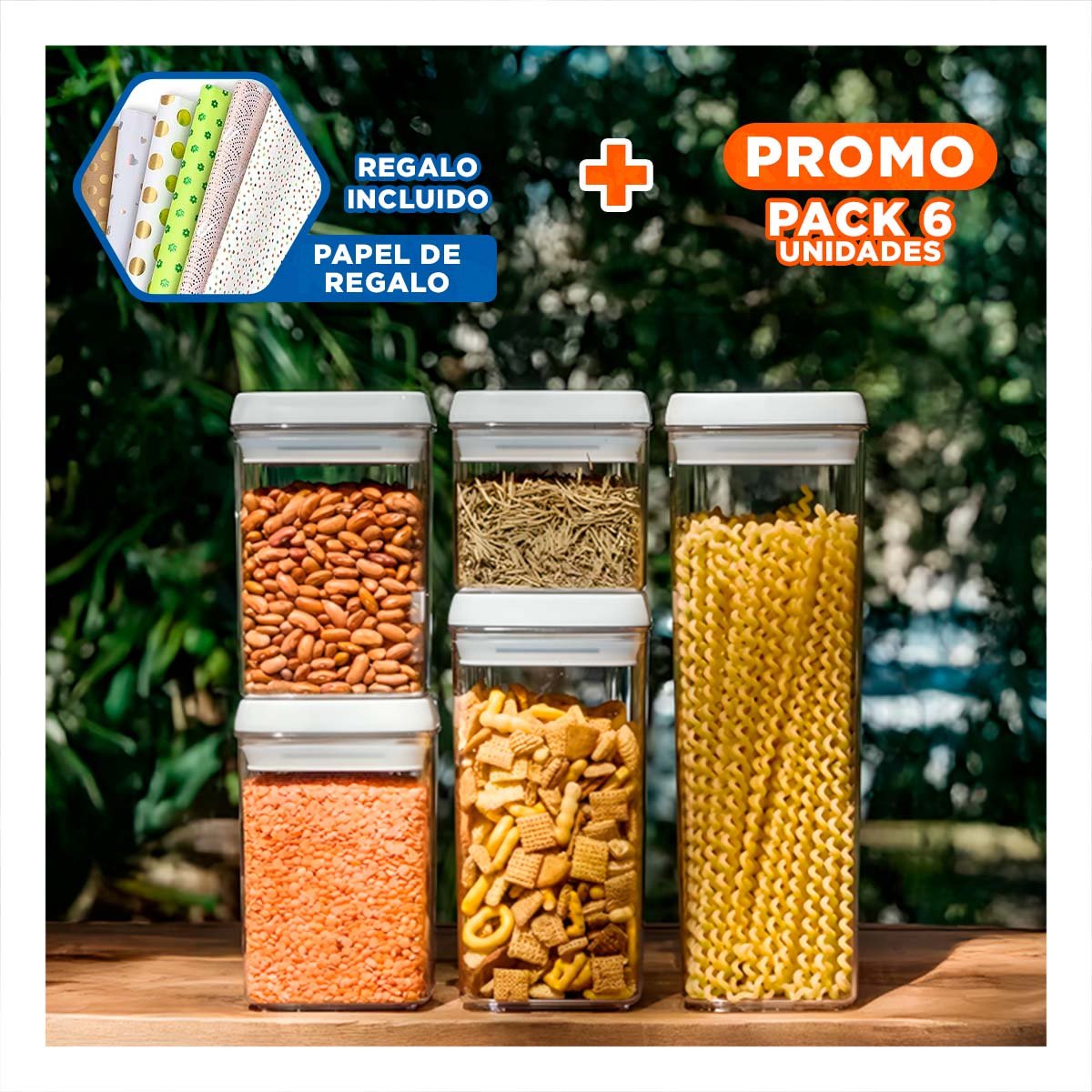 PACK6 DISPENSADOR ACRILICO ORGANIZADOR COCINA TAPA BLANCA PUNTO PLOMO 1500ML Y+PAPEL REGALO - 1