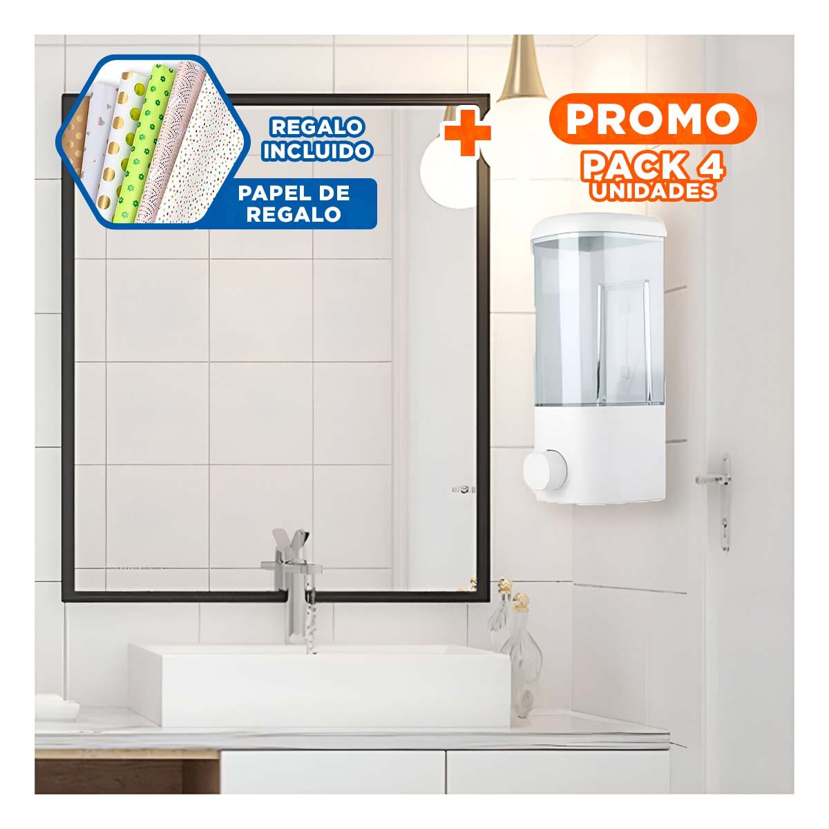 PACK4 BASE PARA JABON LIQUIDO 450 ML BLANCO DE PARED PARA BANO Y+PAPEL REGALO - 1