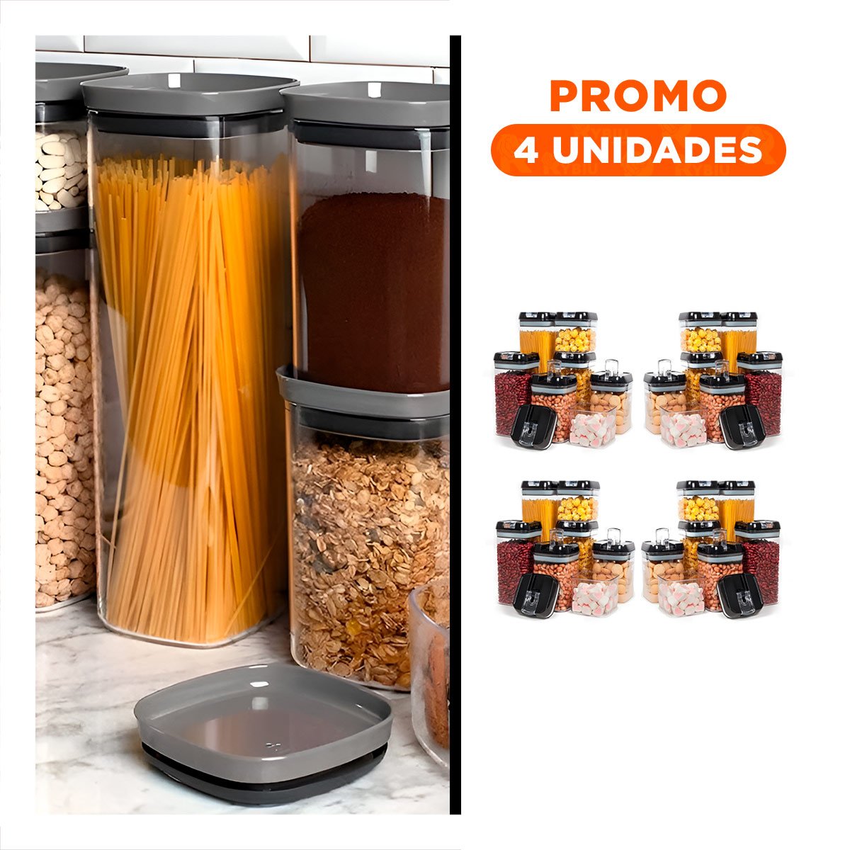 PACK4 ENVASES TRANSPARENTES PARA COCINA CON TAPA PALANCA NEGRA SET 7 Y+REGALO STICKER - 1