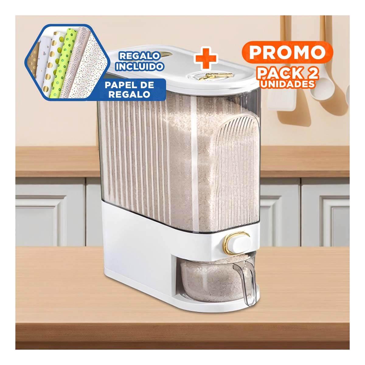 PACK2 DEPOSITO 39X16,5X33CM PARA ORGANIZAR GRANOS EN BLANCO HOGAR Y+PAPEL REGALO - 1