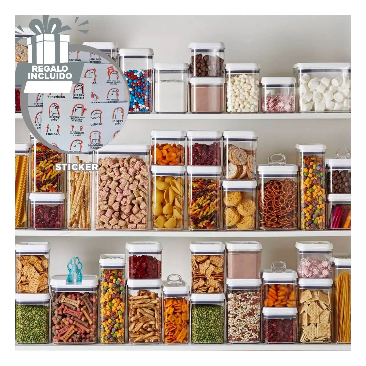 ENVASE ACRILICO ORGANIZADOR HARINAS Y CEREALES TAPA BLANCA PUNTO PLOMO 1500ML Y+REGALO STICKER - 1