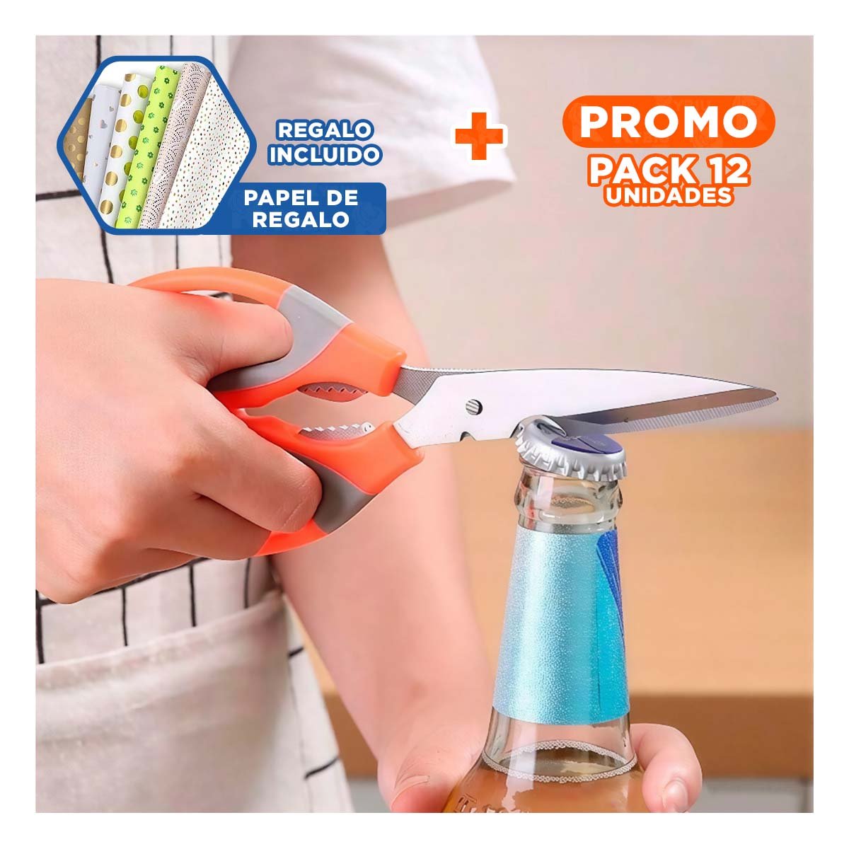 PACK2 PINZA COCINA MULTIFUNCIONAL 3 EN 1 NARANJA CORTADOR ABRIDOR Y DESTAPADOR Y+PAPEL REGALO - 1