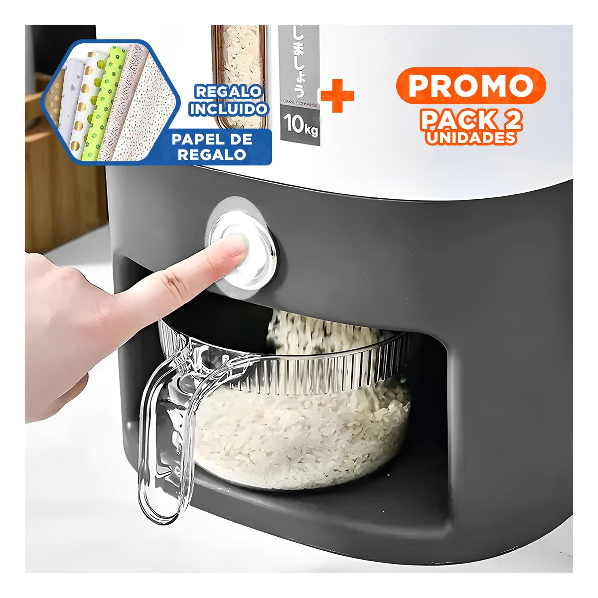 PACK2 DESPACHADOR RECTANGULAR 10KG ARROZ Y LEGUMBRES PLOMO CON BLANCO Y+PAPEL REGALO - 1