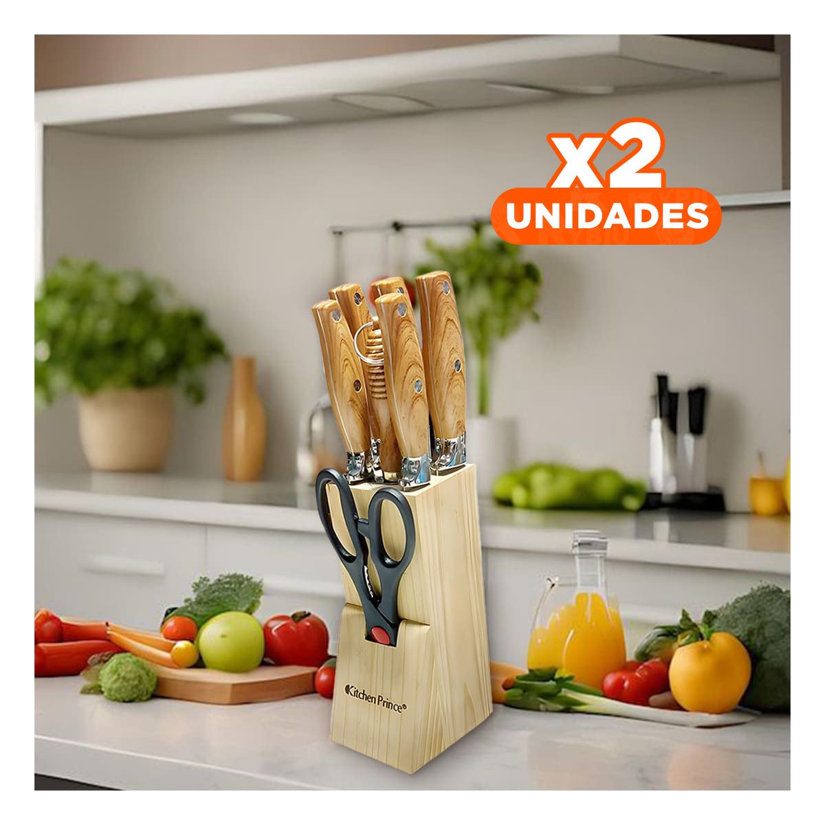 PACK2 SET DE CORTE MANGO DE MADERA 8 PIEZAS PARA COCINA Y+REGALO STICKER - 1