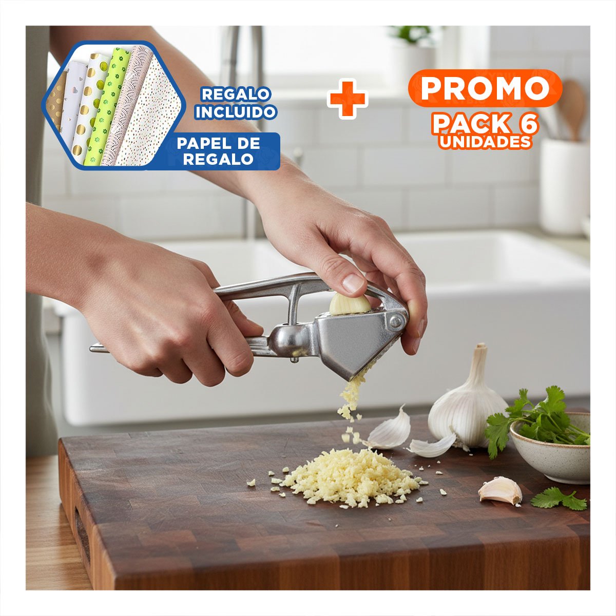 PACK6 HERRAMIENTA METALICA DE AJO PLATEADO DE ALUMINIO RESISTENTE Y+PAPEL REGALO - 1