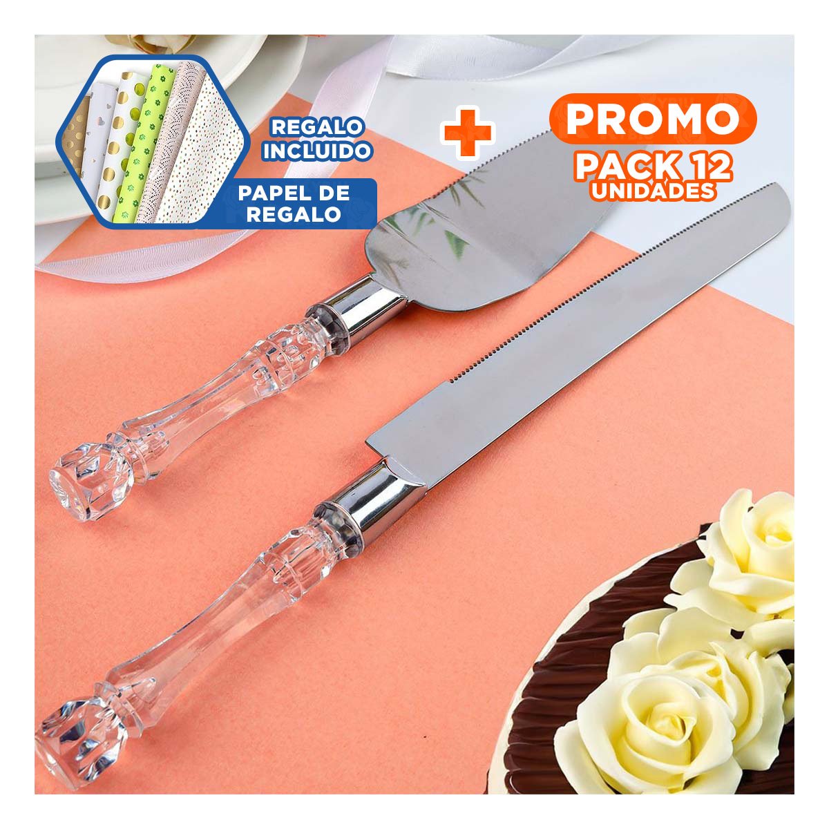 PACK12 COLECCION ELEGANTE DE CUCHILLOS DE PASTEL CON ESPATULA Y+PAPEL REGALO - 1