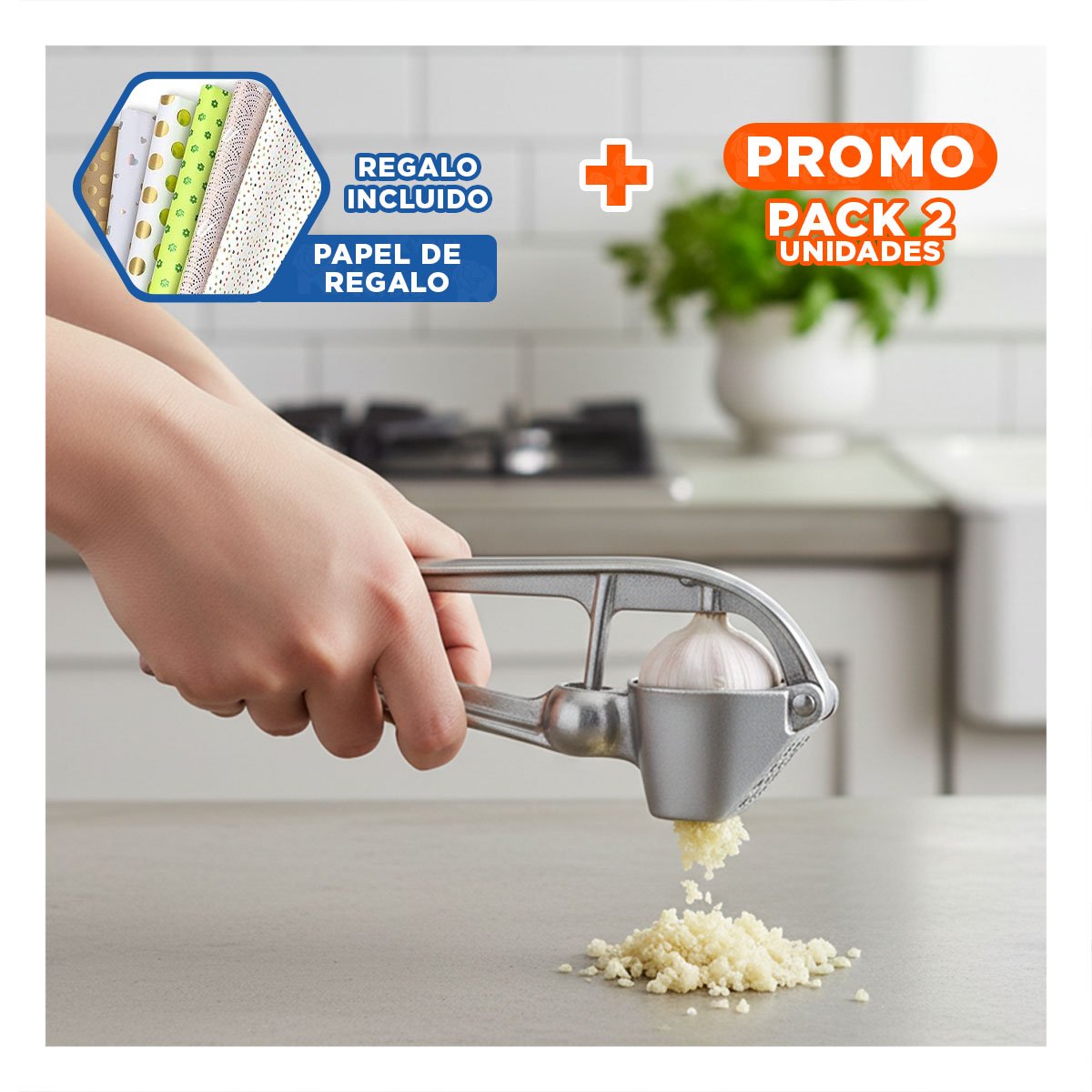 PACK2 ACCESORIO DE AJO PLATEADO DE ALUMINIO FUERTE PARA COCINA Y+PAPEL REGALO - 1