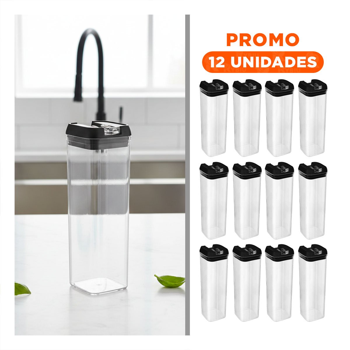 PACK12 CONTENEDOR HERMETICO PARA DESPENSA Y COCINA TAPA PALANCA NEGRO 1900ML Y+REGALO STICKER - 1