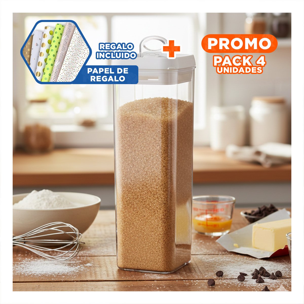 PACK4 BOTE ACRILICO PARA CEREALES Y SNACKS TAPA BLANCA 1900ML Y+PAPEL REGALO - 1