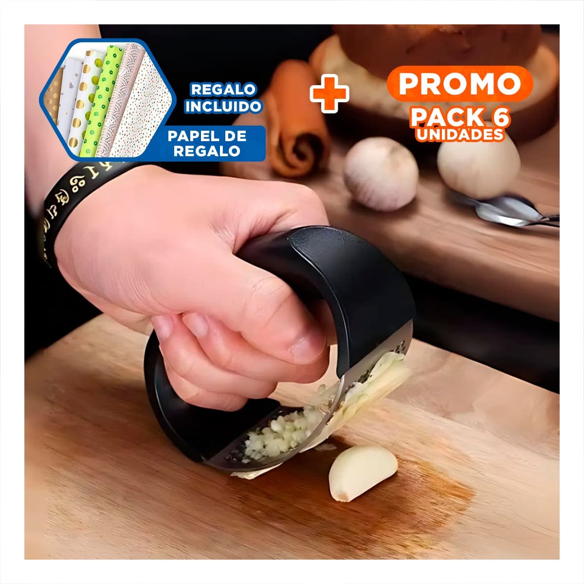 PACK6 APLASTADOR PRACTICO DE AJO MANGO DE PLASTICO EN ALUMINIO COCINA Y+PAPEL REGALO - 1