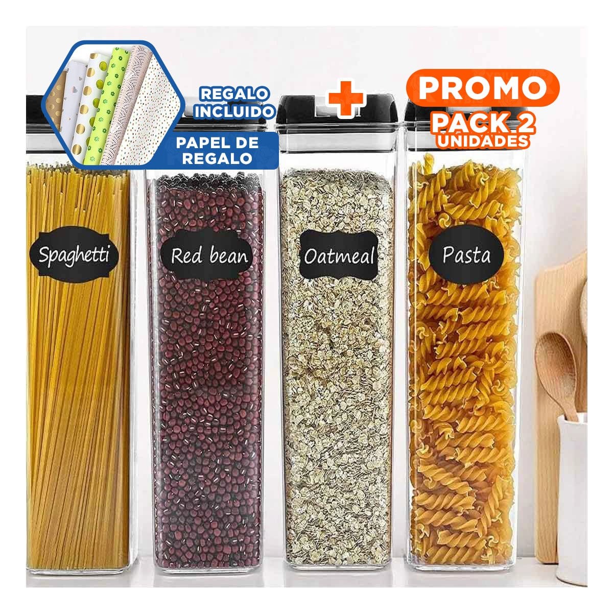 PACK2 BOTE ACRILICO PARA HARINAS FRESCAS TAPA PALANCA NEGRO 1900ML Y+PAPEL REGALO - 1