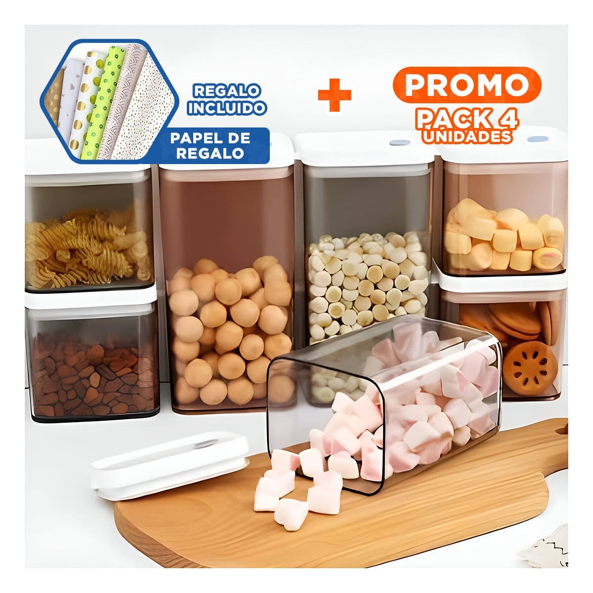 PACK4 BOTE ACRILICO PARA CEREALES Y SNACKS TAPA BLANCA PUNTO PLOMO 1900ML Y+PAPEL REGALO - 1