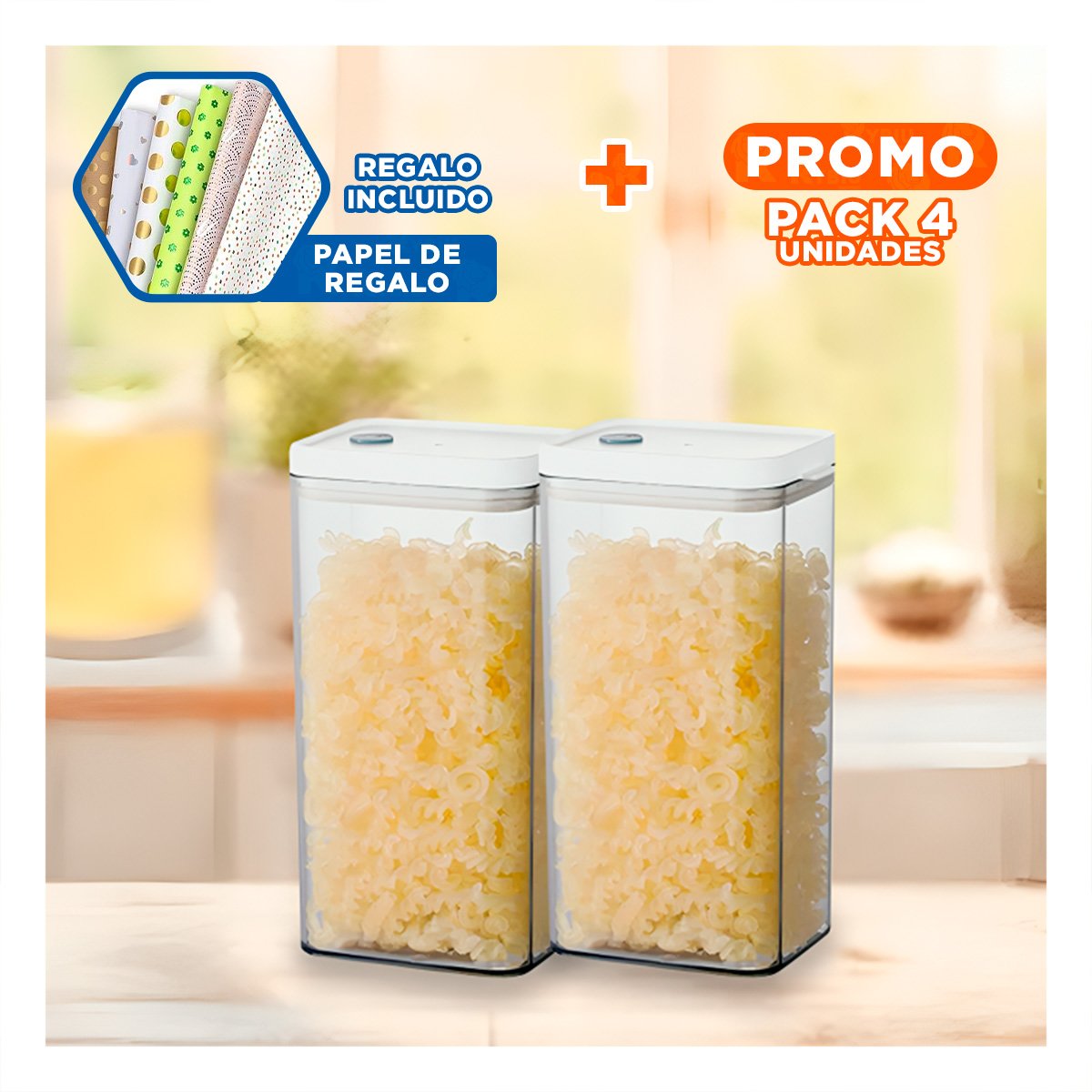 PACK4 BOTE ACRILICO GUARDAR ALIMENTOS SECOS TAPA BLANCA PUNTO PLOMO 1500ML Y+PAPEL REGALO - 1