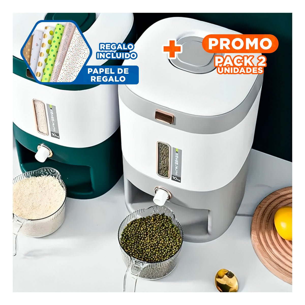 PACK2 DISPENSADOR CON VENTANA PLOMO PARA ARROZ Y CEREALES DE 10KG Y+PAPEL REGALO - 1