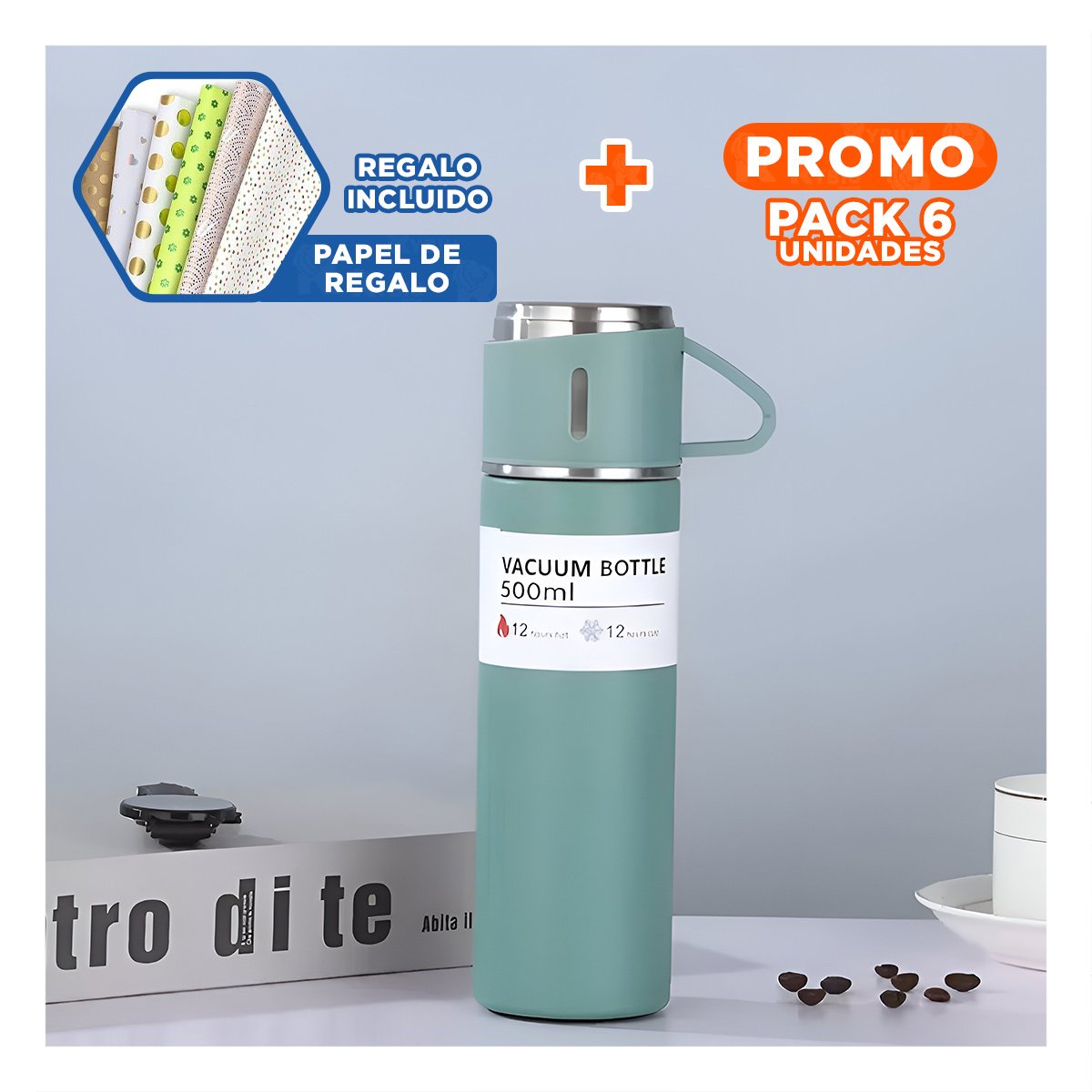 PACK6 CONTENEDOR MODERNO CON DOS TAZAS PARA USO DIARIO VERDE Y+PAPEL REGALO - 1